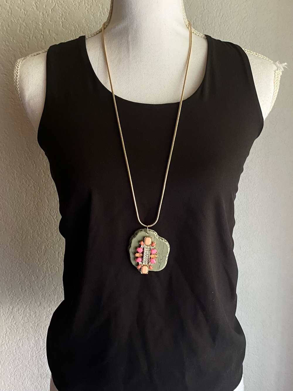 Gold Long Pendant Necklace with Pink and Coral Accents